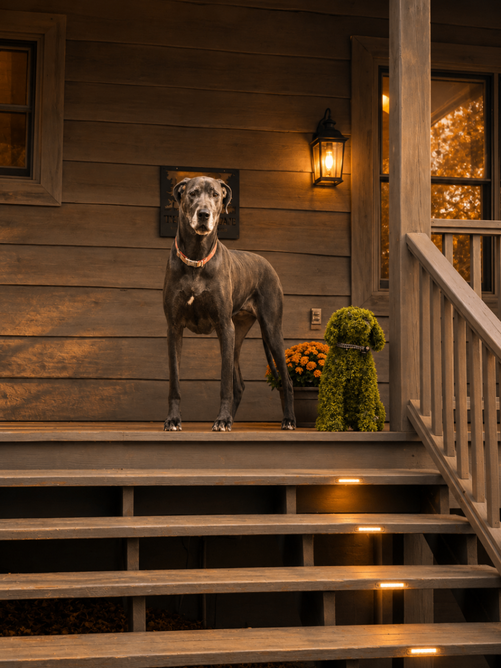Great Dane standing on the cabin porch