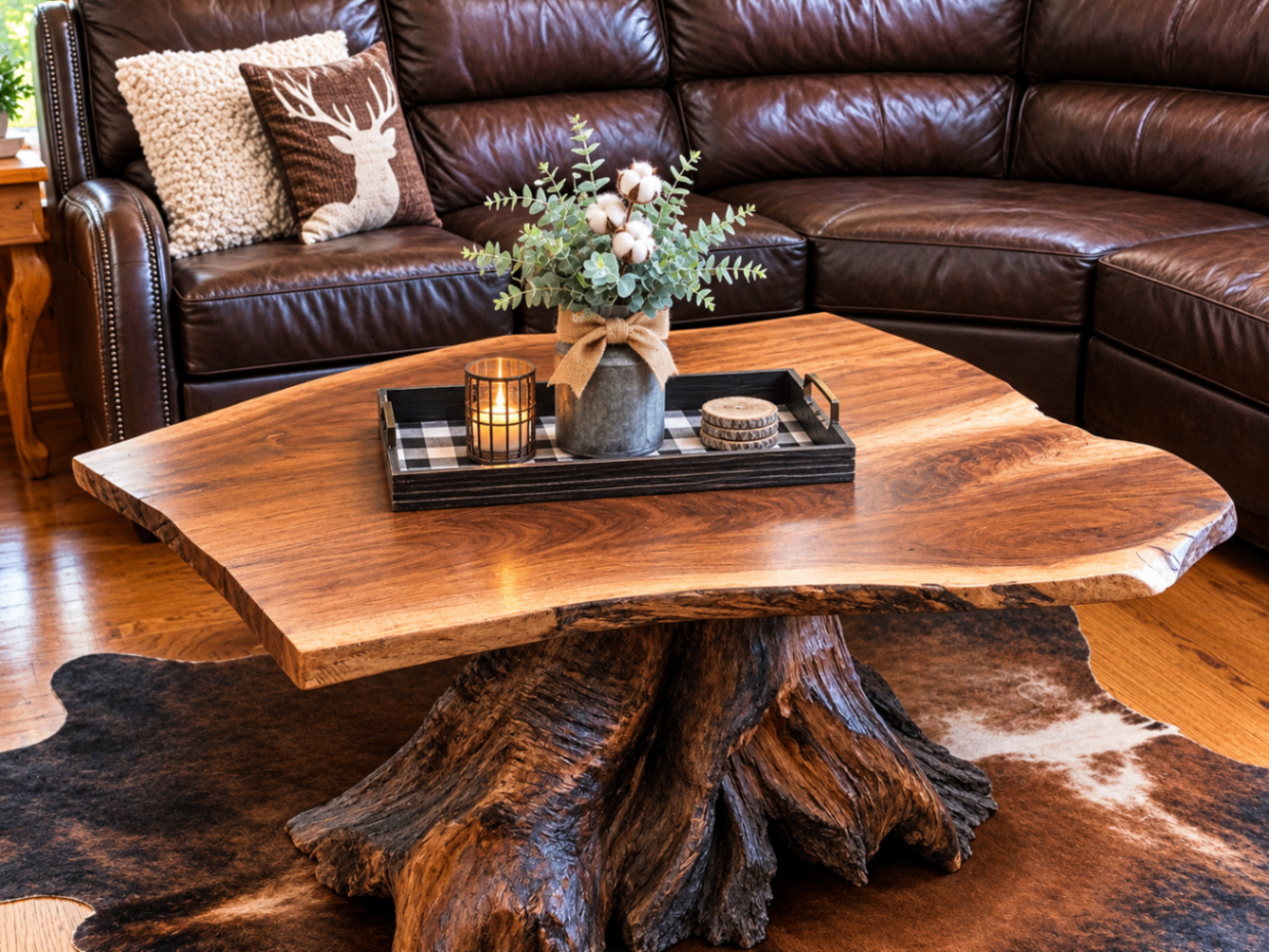 Live-edge coffee table and leather seating