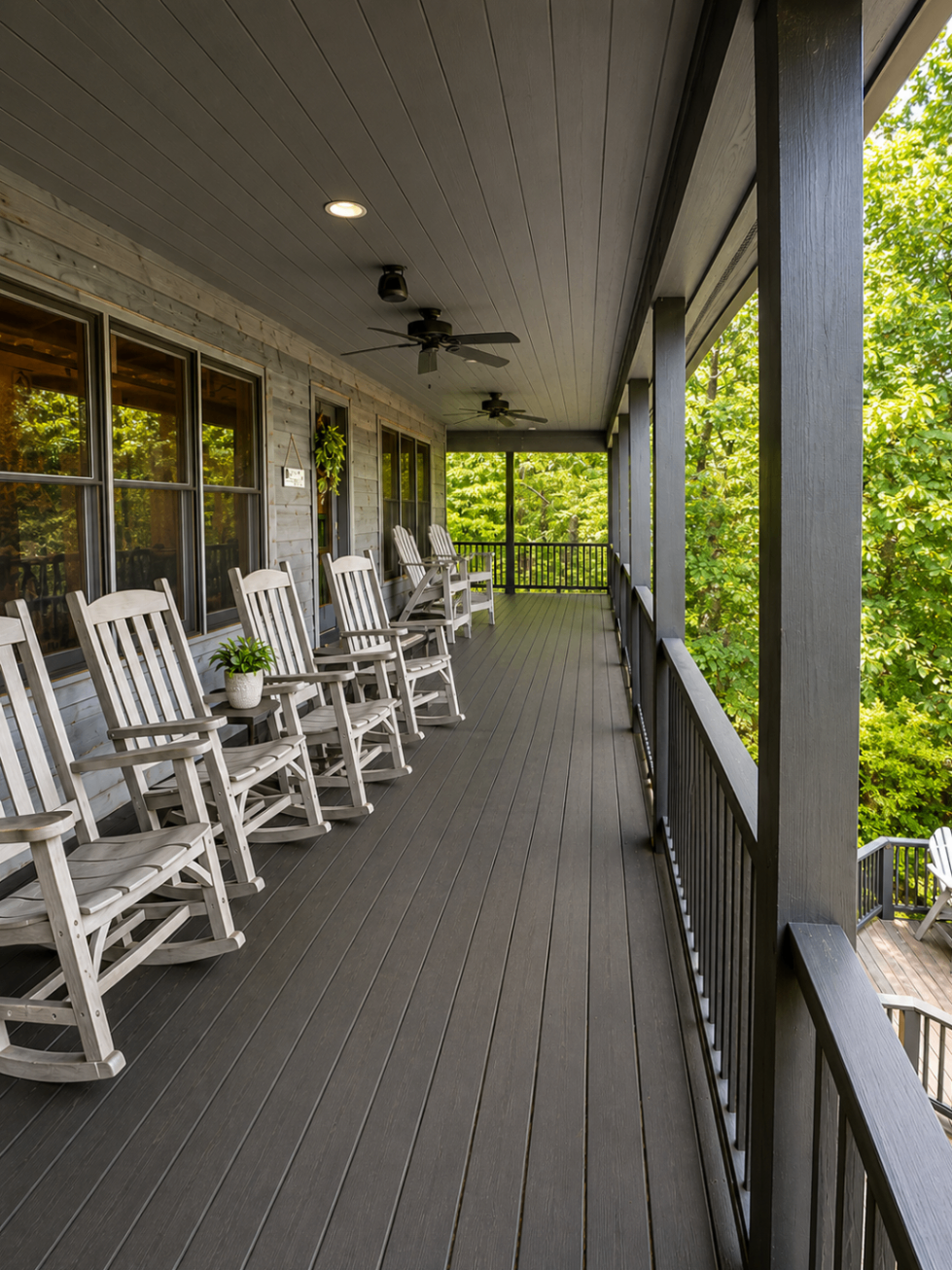 Long covered porch lined with rocking chairs