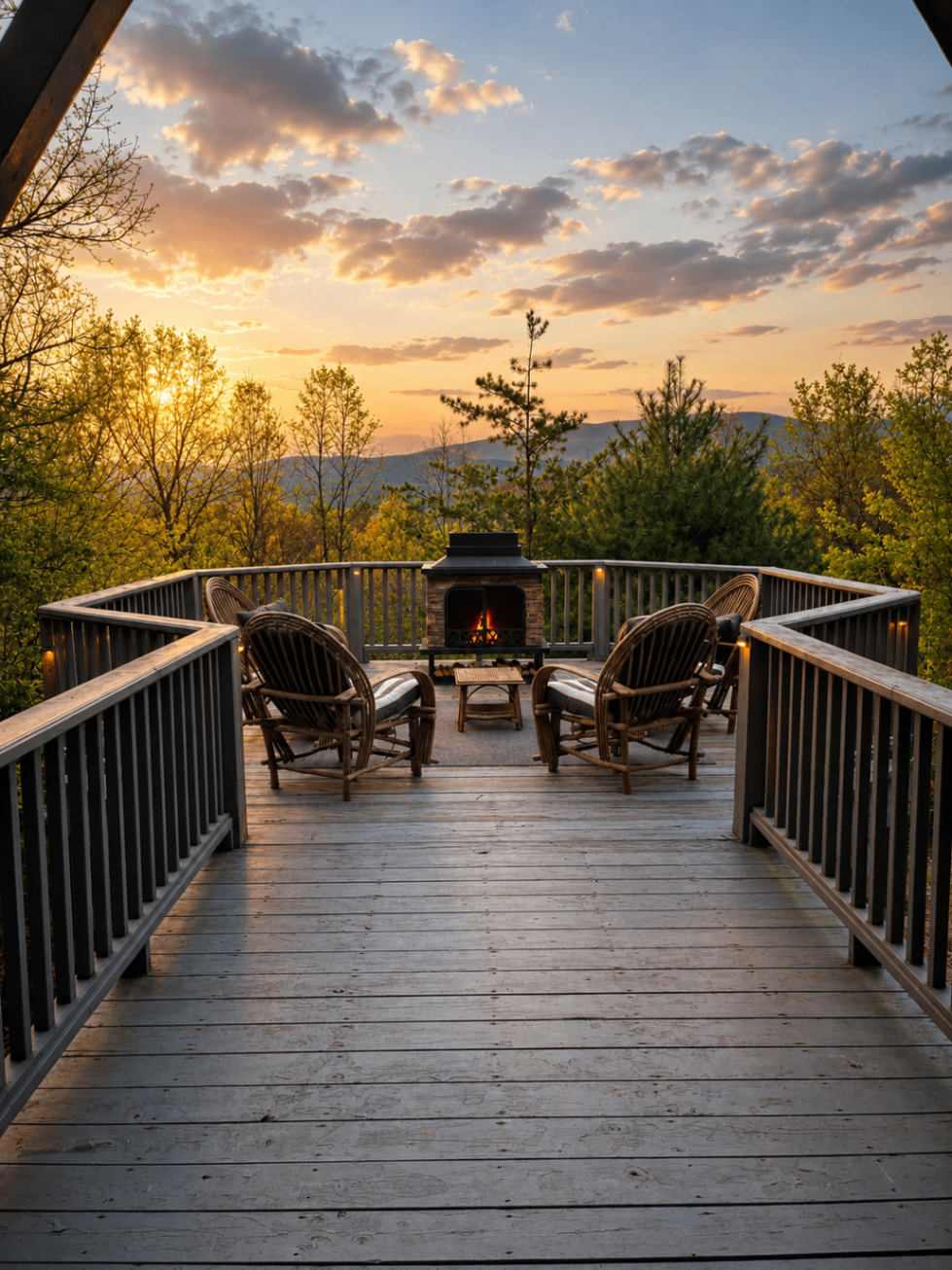 Fireplace deck overlooking the mountains at sunset