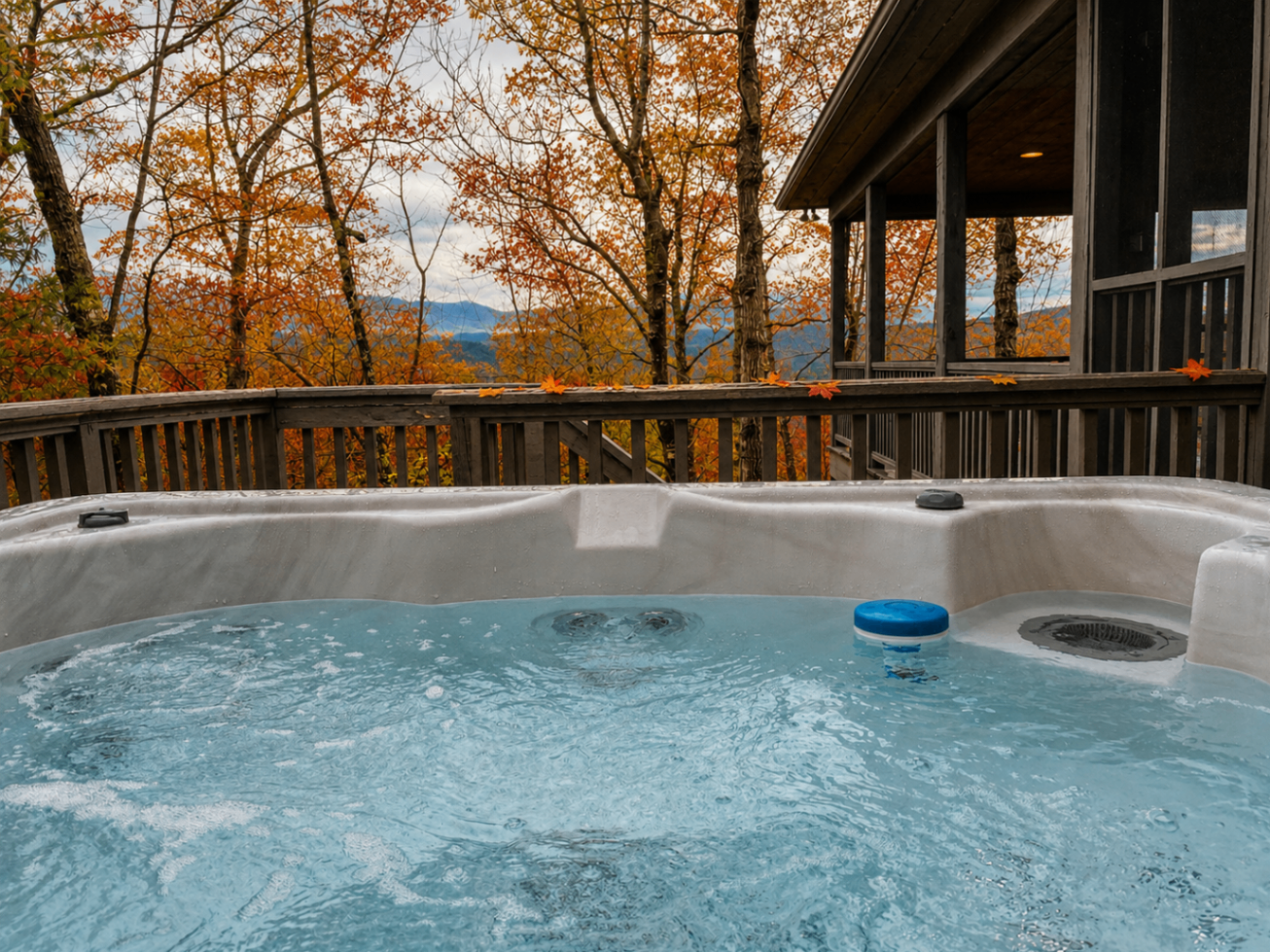 Hot tub overlooking autumn mountain scenery