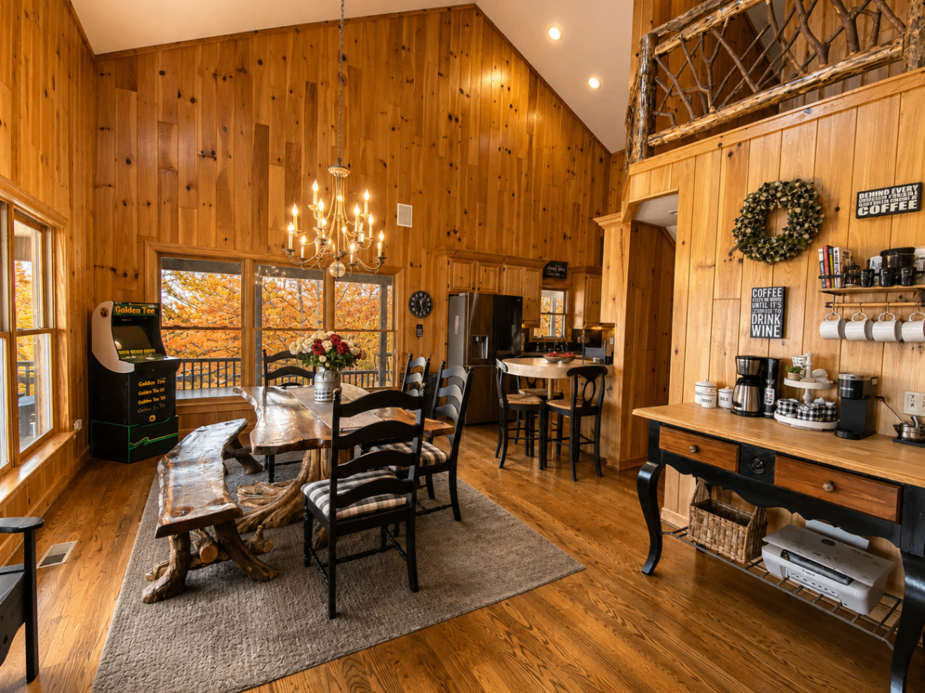 Dining room and coffee bar with autumn views