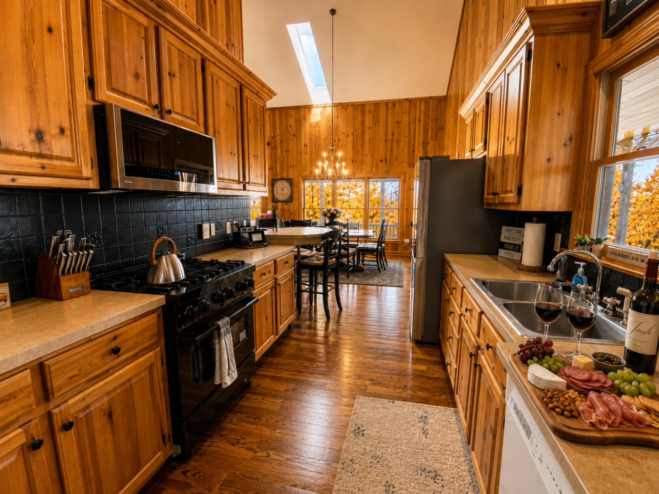 Full wood-paneled cabin kitchen