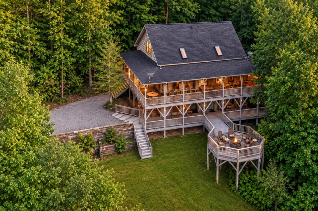 Aerial view of The Great Dane cabin and its sunset deck